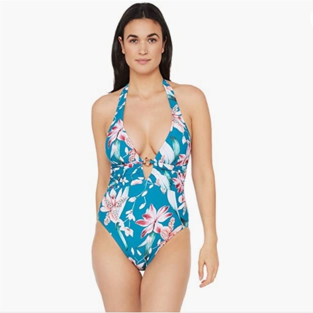 LA BLANCA Women Keyhole Halter One-piece Flyaway Orchid swimsuit NWT